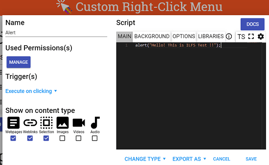 Custom right click script settings