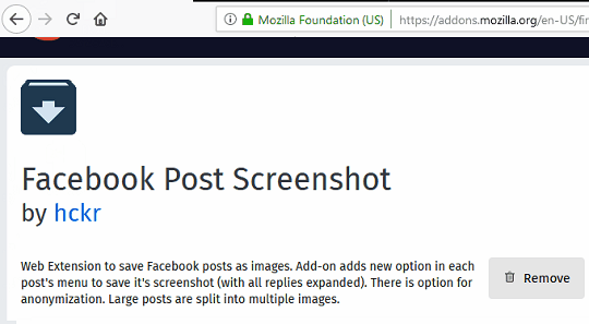 Facebook Post Screenshot on addons center