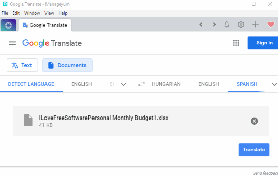 Manageyum interface with Google Translate