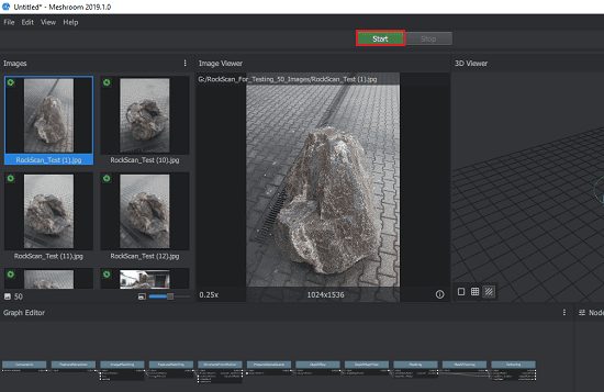 Meshroom add images and about to start the reconstruction process