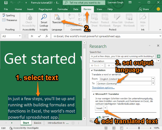 Microsoft Excel translate feature