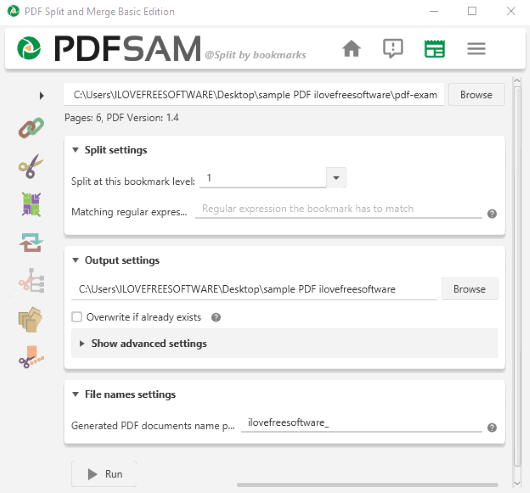 PDFsam split pdf by bookmarks