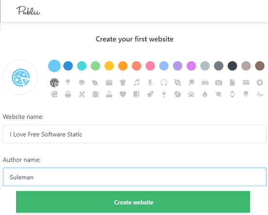 Publii create website name and author