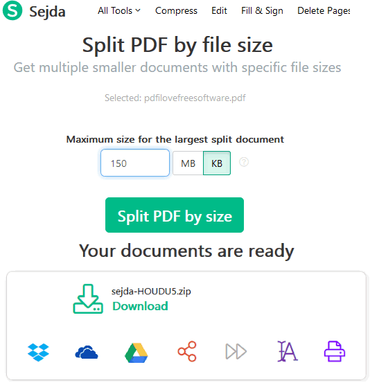 Sejda split pdf by size