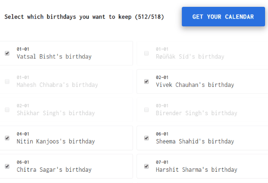 Select birthdays to add in calendar