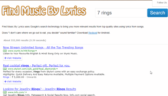 Song lyrics search engine