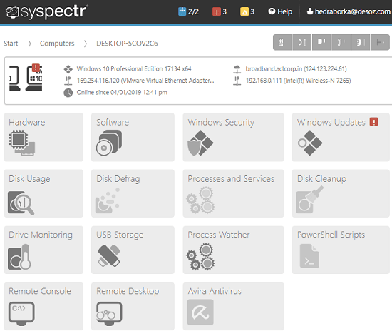 Syspectr remote monitoring and management tool