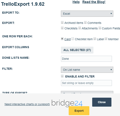 TrelloExport options