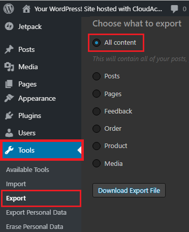 WordPress export to XML