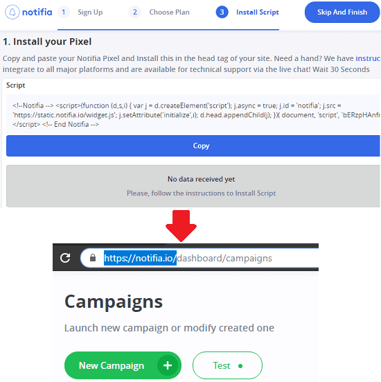 notifia add code and create campaign