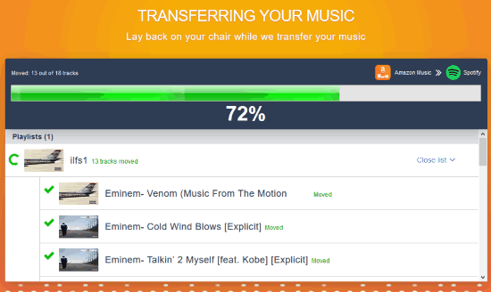transfer process for amazon music playlist to spotify