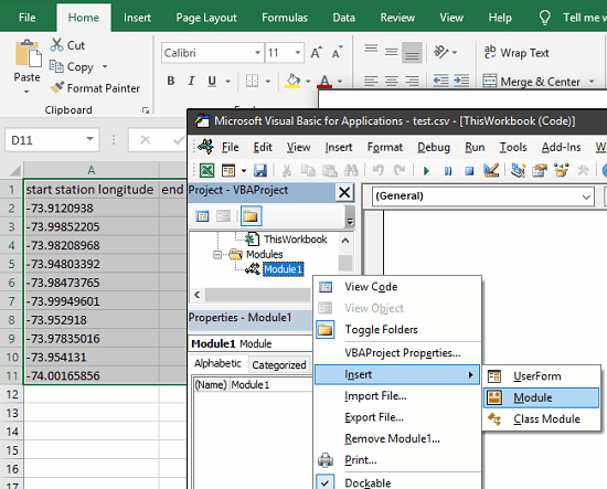 Excel insert module