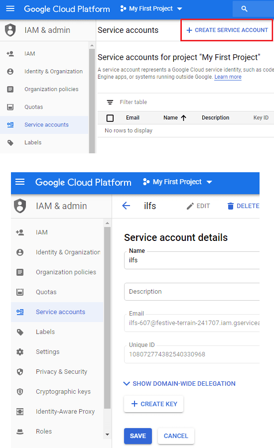 Google Cloud Platform create servcie account