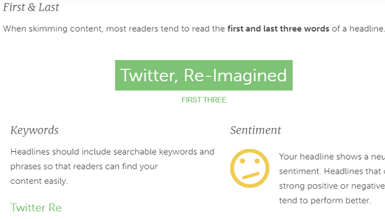 Headlines analyzer with sentiment analysis, Google search preview