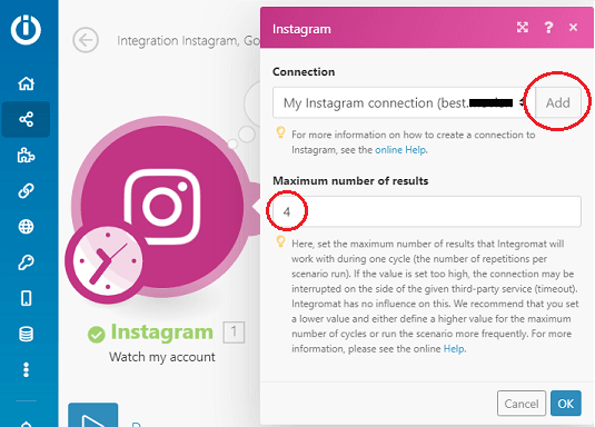 Integromat instagram connection