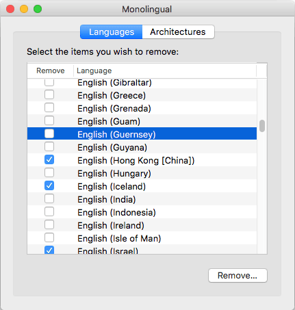 Monolingual select languages to keep and remove