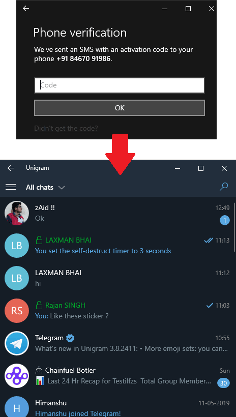 Unigram login and main interface