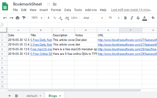 View bookmarks in Google Sheets