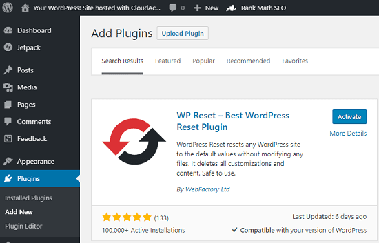 WP Reset in WordPress plugins section