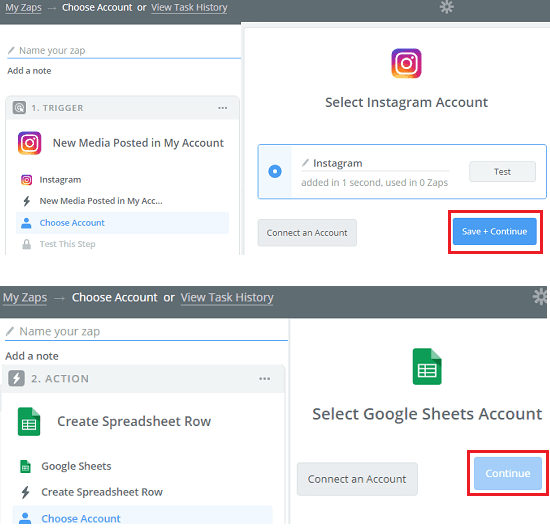 Zapier authorize Instagram and Google Sheets account