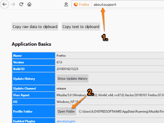 access support page and open profile folder of firefox