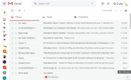 gmail after hiding side panel and with label and hangout icons