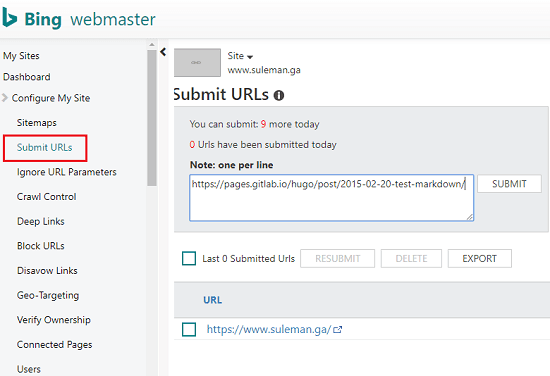 Bing Webmaster URL Submission