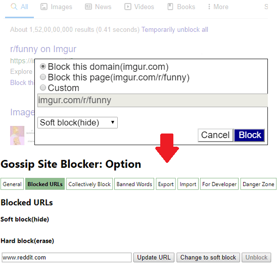 Gossip Site Blocker in action