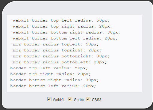 Using this Border Radius Code Generator for CSS, Webkit, Gecko with Preview