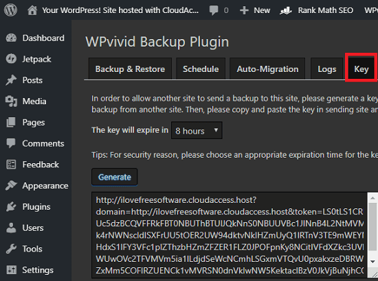 WPvivid Backup generate key for uplaoding