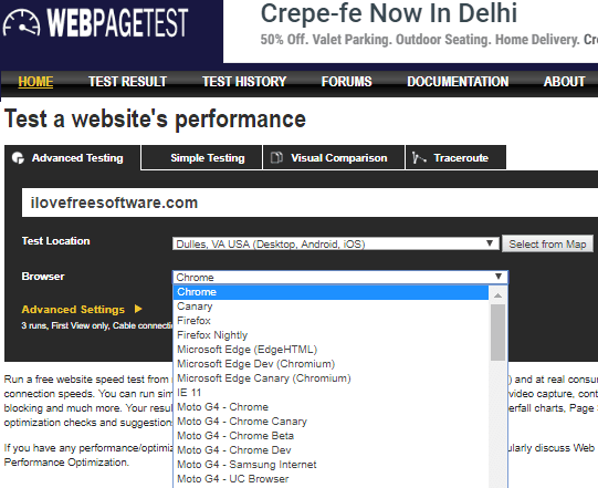 Webpagetest enter site