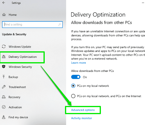 access advanced options in delivery optimization