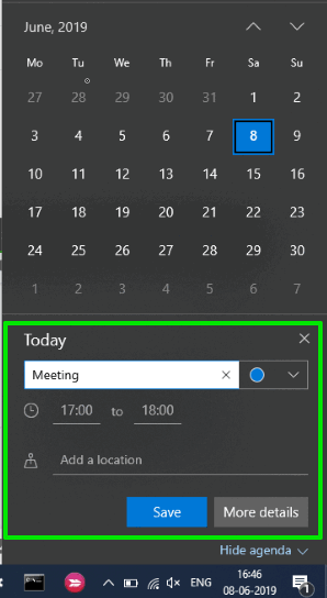 adding event feature is visible in windows 10 taskbar calendar