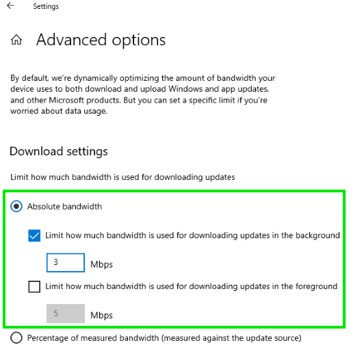 options to set bandwidth download updates in mbps