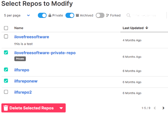 select and delete multiple github repositories