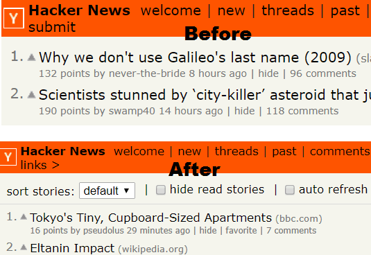 After before adding hacke news redesigned extension