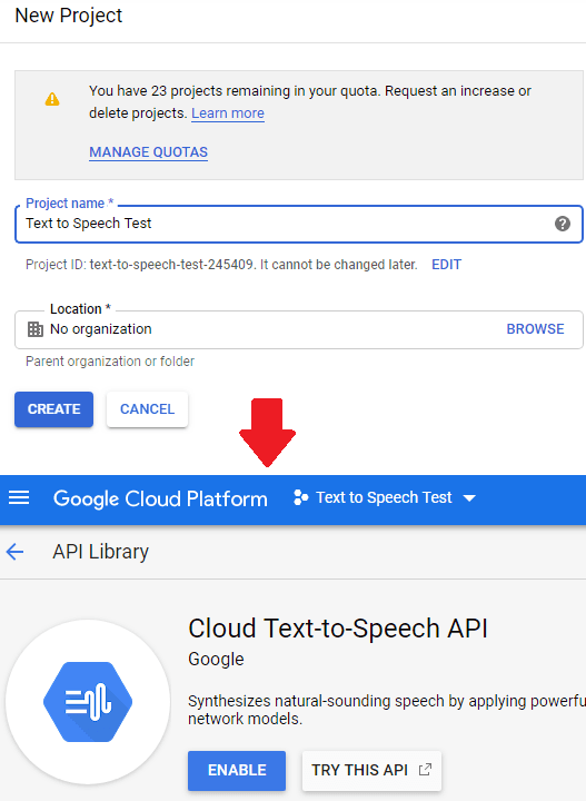 Create Project and enable text to speech API