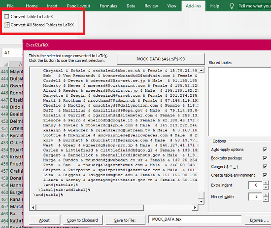 Excel addin to laTex free