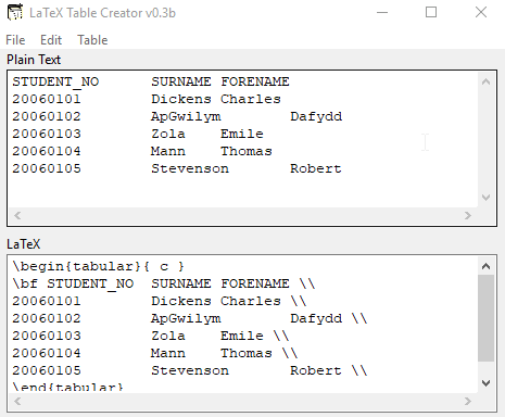 LaTeX Table Creator- interface