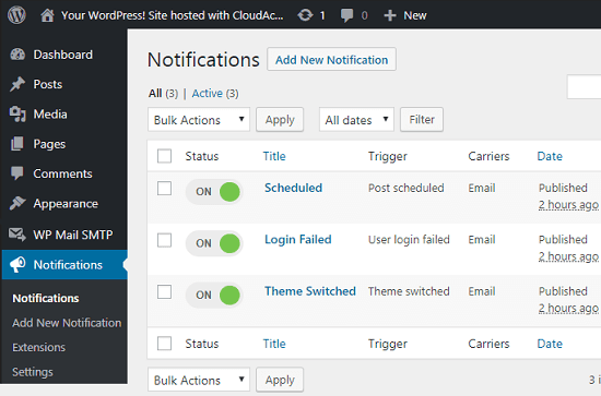 Notifications created with the Notifications WordPress plugin