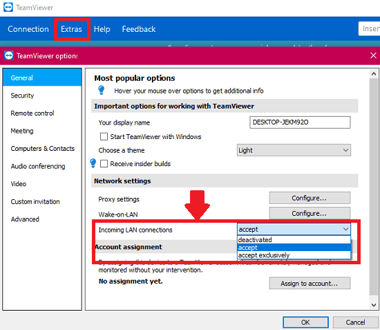TeamViewer configure for accepting lan connections