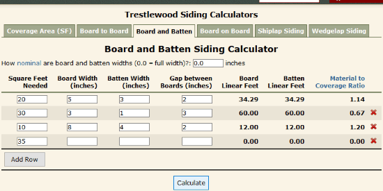 Trestlewood board and batten spacing calculator