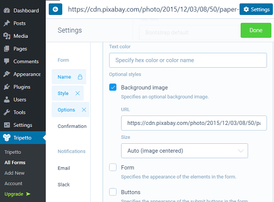 Tripetto form settings