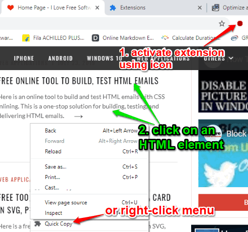 activate extension icon and select an html element