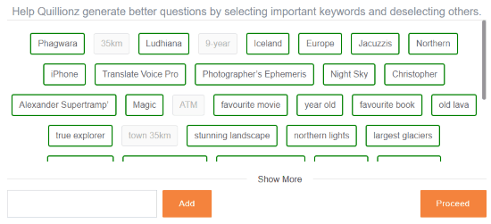 add keywords to generate questions