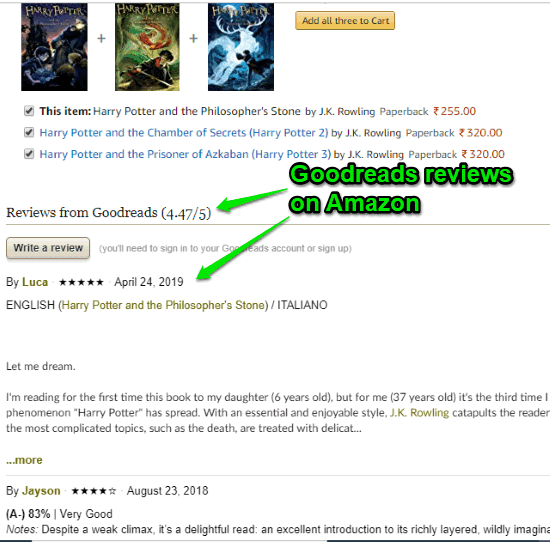 goodreads reviews on amazon visible on description page of book
