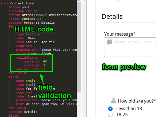 html code of field with field validation and form preview