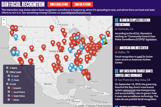 interactive facial survillance map of US