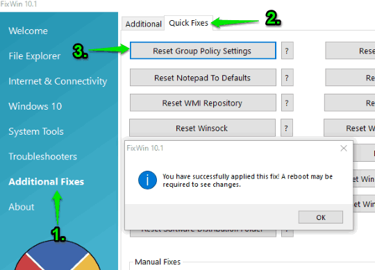 reset group policy settings in windows 10 using fixwin 10