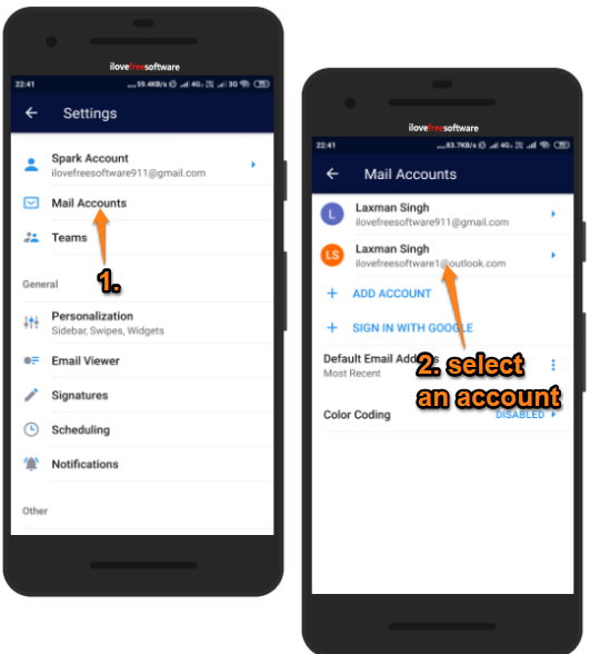 select mail accounts option and then an account